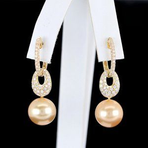 24574 Golden South Sea Pearl 12mm Diamond Dangle Hoop Earrings 18k Yellow Gold